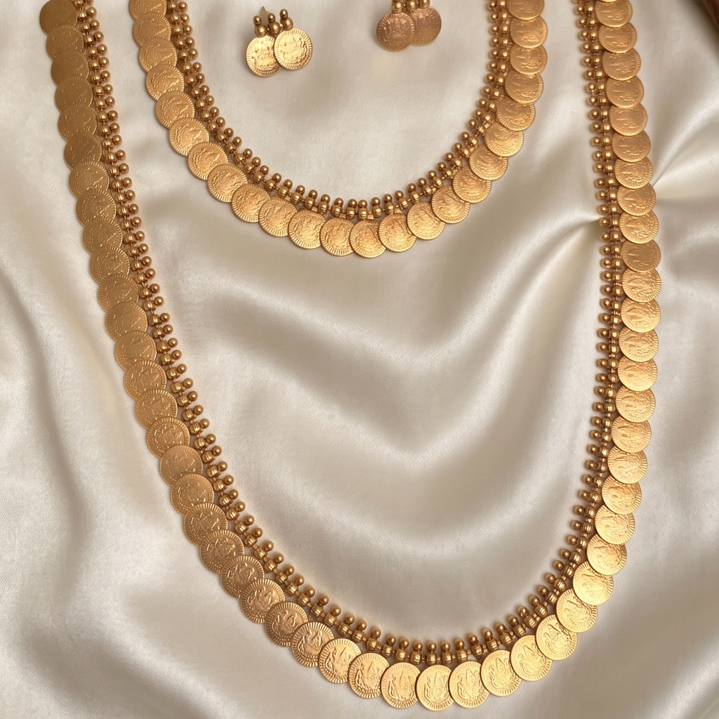 Antique Gold Lakshmi Short Long Coin  Kaasumala Kaashumala Haram Necklcae Combo Set