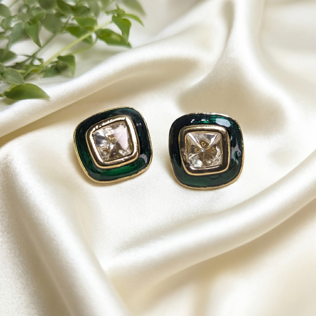 Arhoha Antique Gold Green Meenakari Moissanite Polki Stud Earrings.