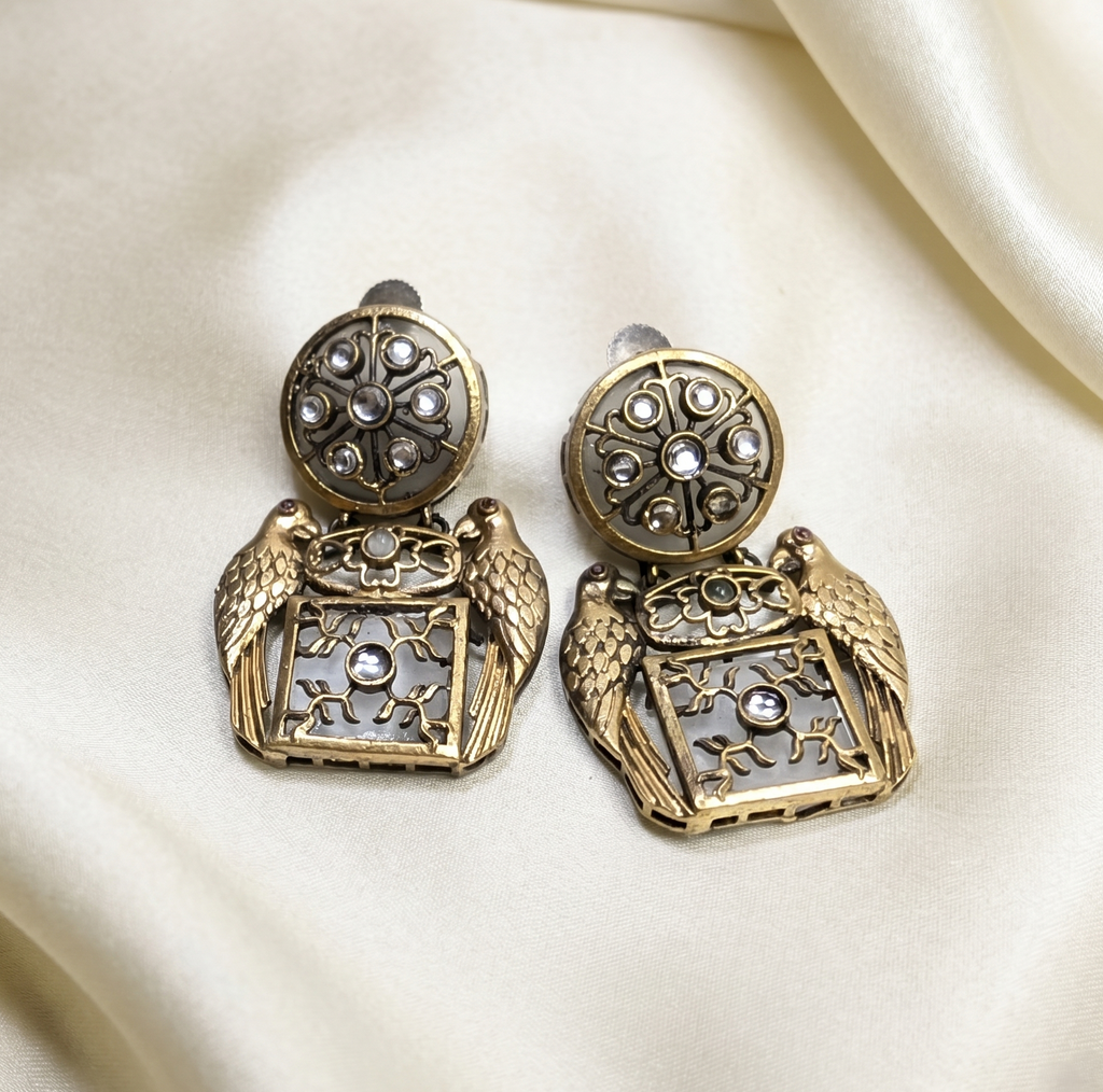 Arhoha Mehandi Vintage Bird Design Earrings with Polki Stones.