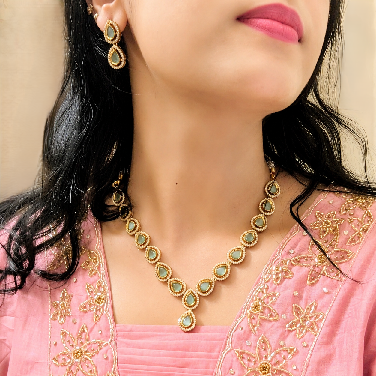 Victorian Drop Antique Gold Green Aventurine Necklace Set