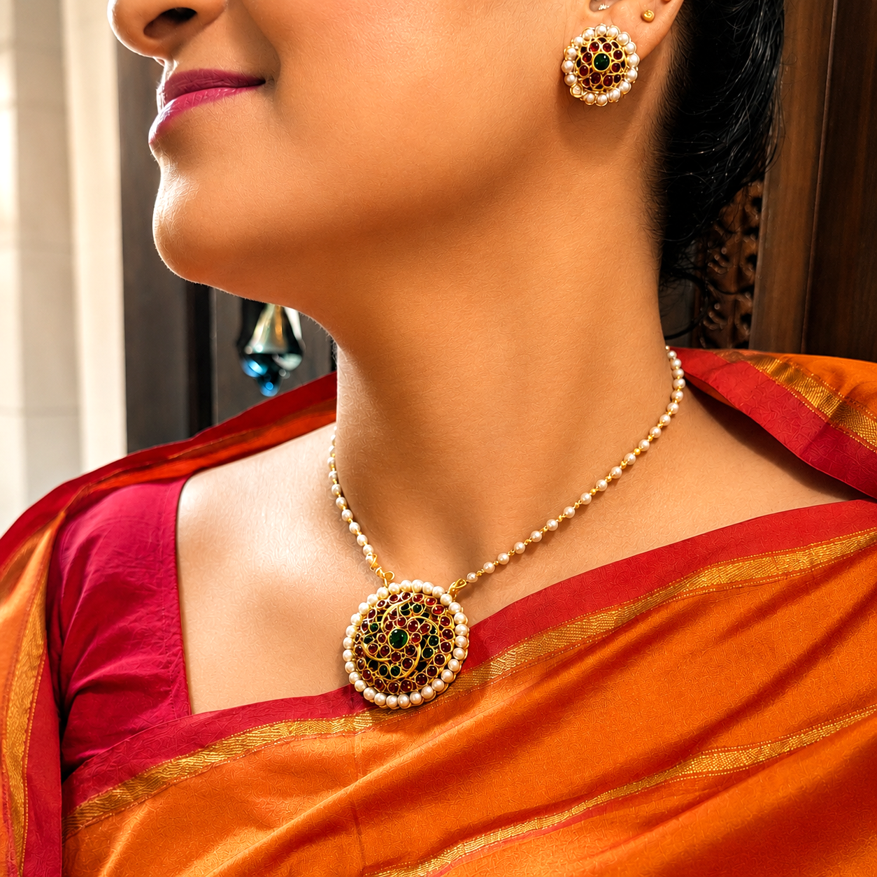 Pearl Circle Kemp Pendant Short Necklace Set