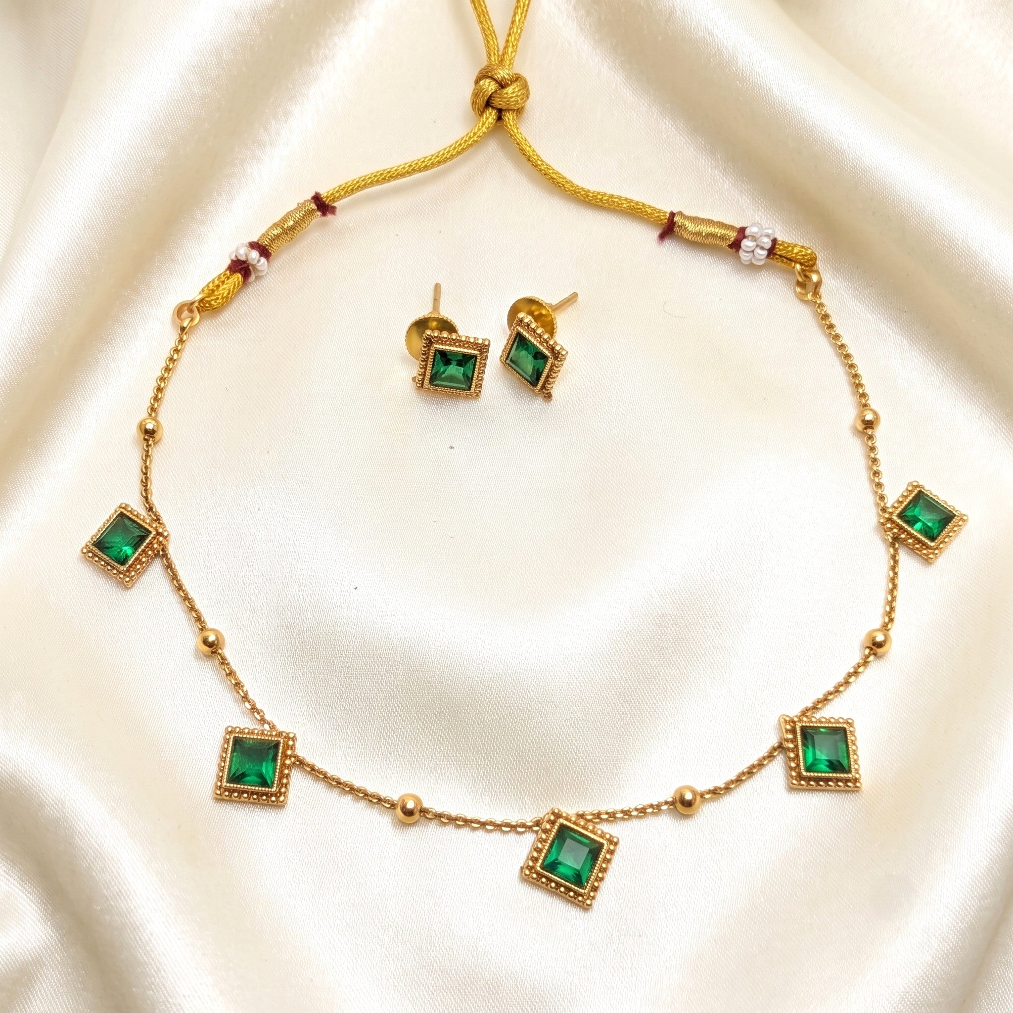 Emerald Green Cube Drops Chain Necklace Set