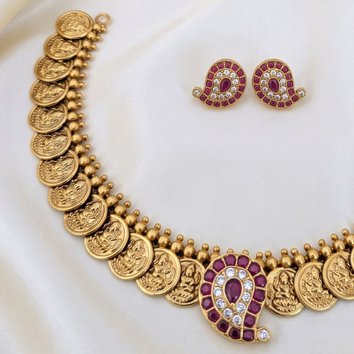 Antique Gold Lakshmi Coin Kemp Mango Necklace Set