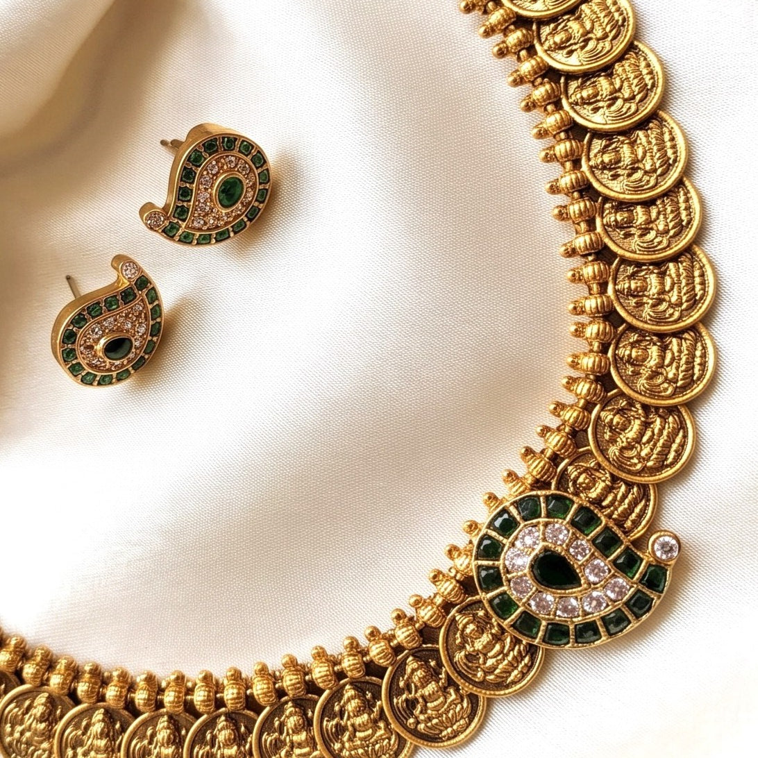 Antique Gold Lakshmi Coin Kemp Mango Necklace Set