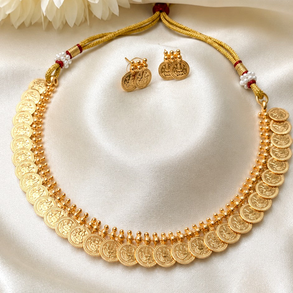 Arhoha Gold PlatedTraditional South Indian Design Lakshmi Coin Necklace Set Kerala Onam mala