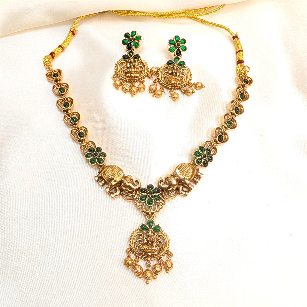 Antique Elephant Lakshmi Floral Kemp Necklace Set