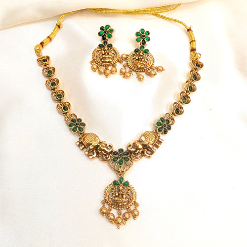 Antique Elephant Lakshmi Floral Kemp Necklace Set
