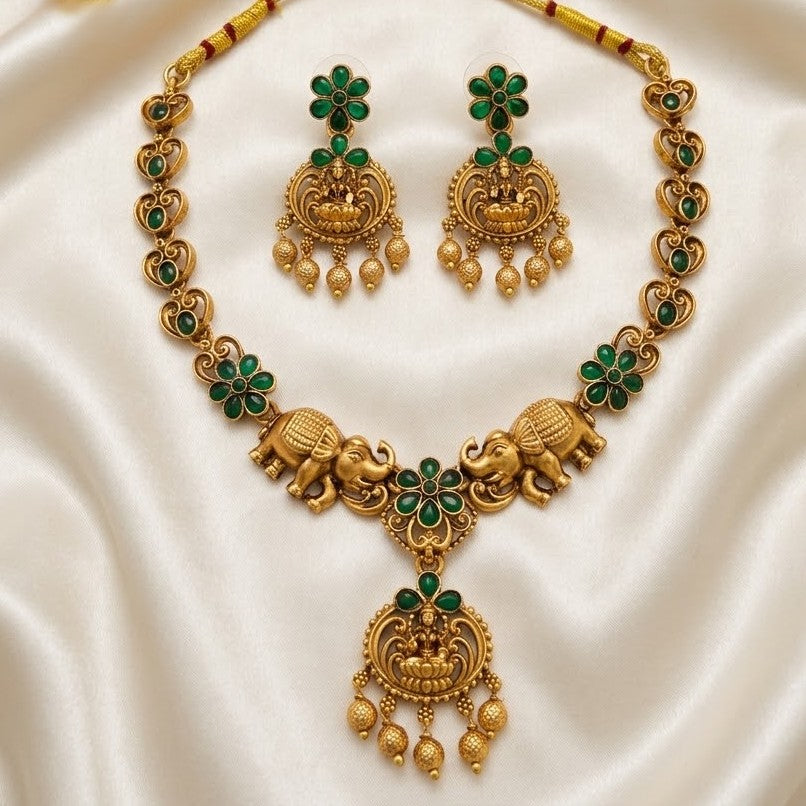 Antique Elephant Lakshmi Floral Kemp Necklace Set