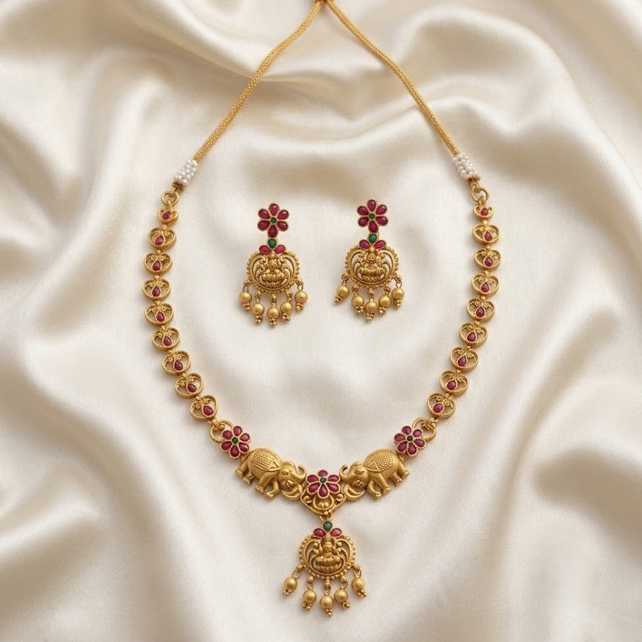 Antique Elephant Lakshmi Floral Kemp Necklace Set