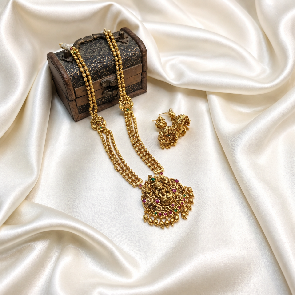 Premium Temple Design Pendant Long Haram Set.