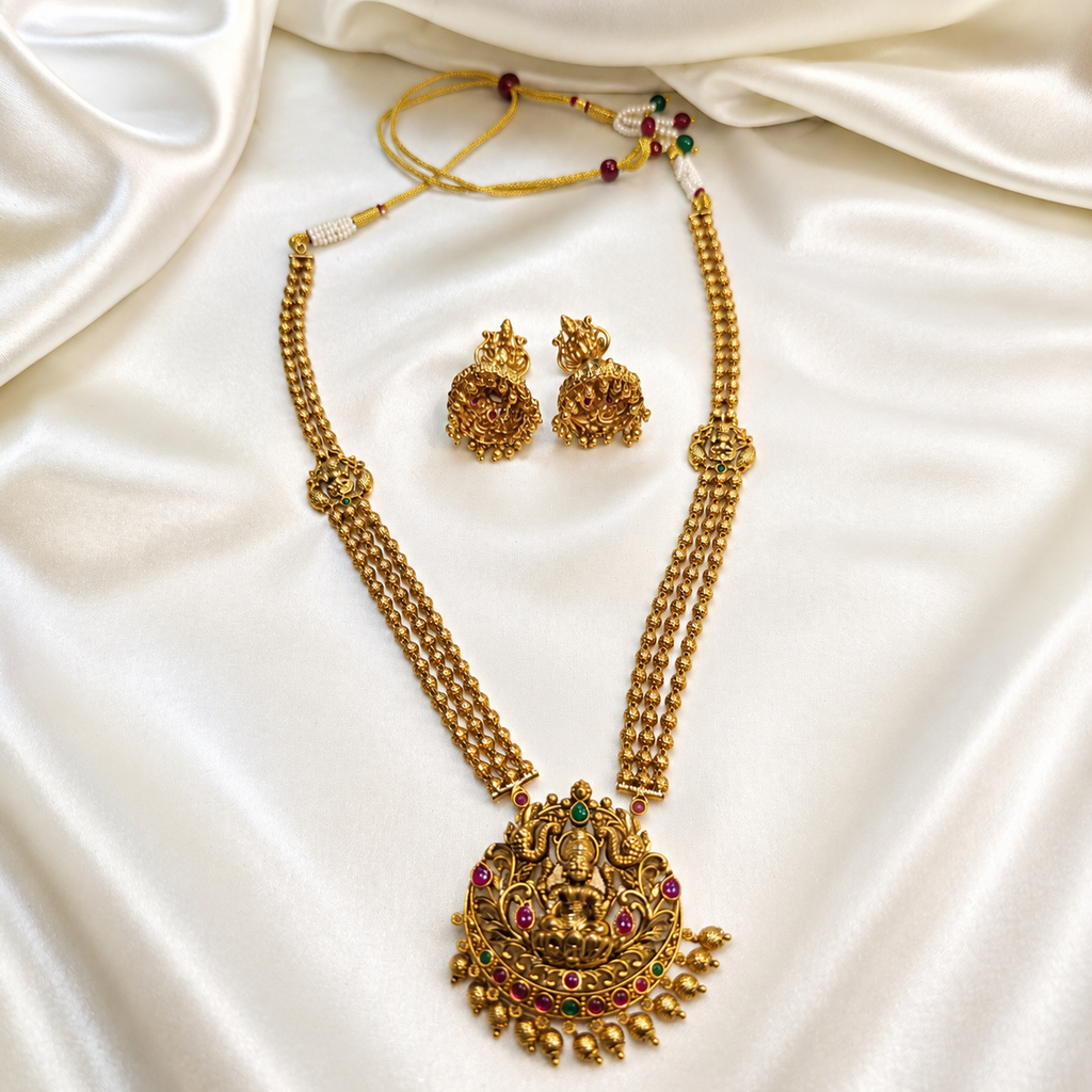 Premium Temple Design Pendant Long Haram Set.