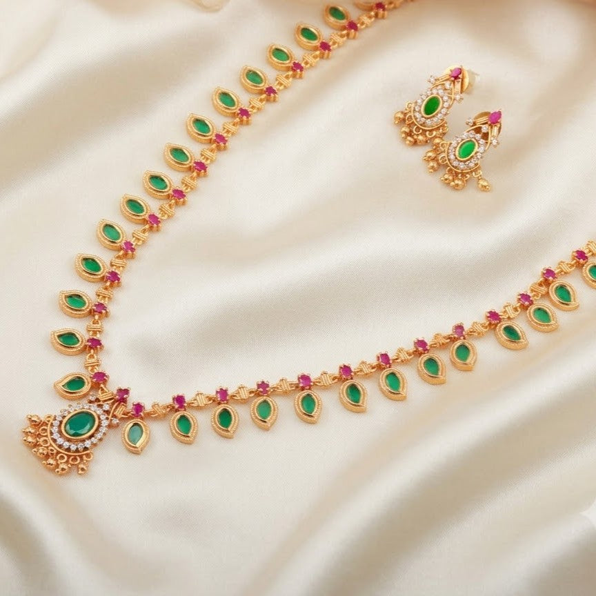 Traditional Green Palakka Long Haram Necklace Set