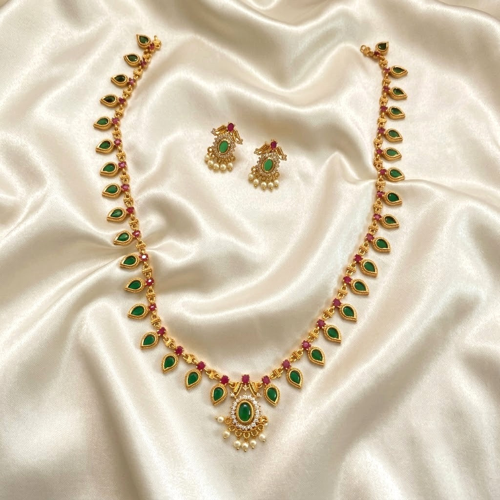 Traditional Green Palakka Long Haram Necklace Set