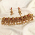 Gold necklace with orange Coral Pearl beads o Temple design Choker necklace Set Bridal