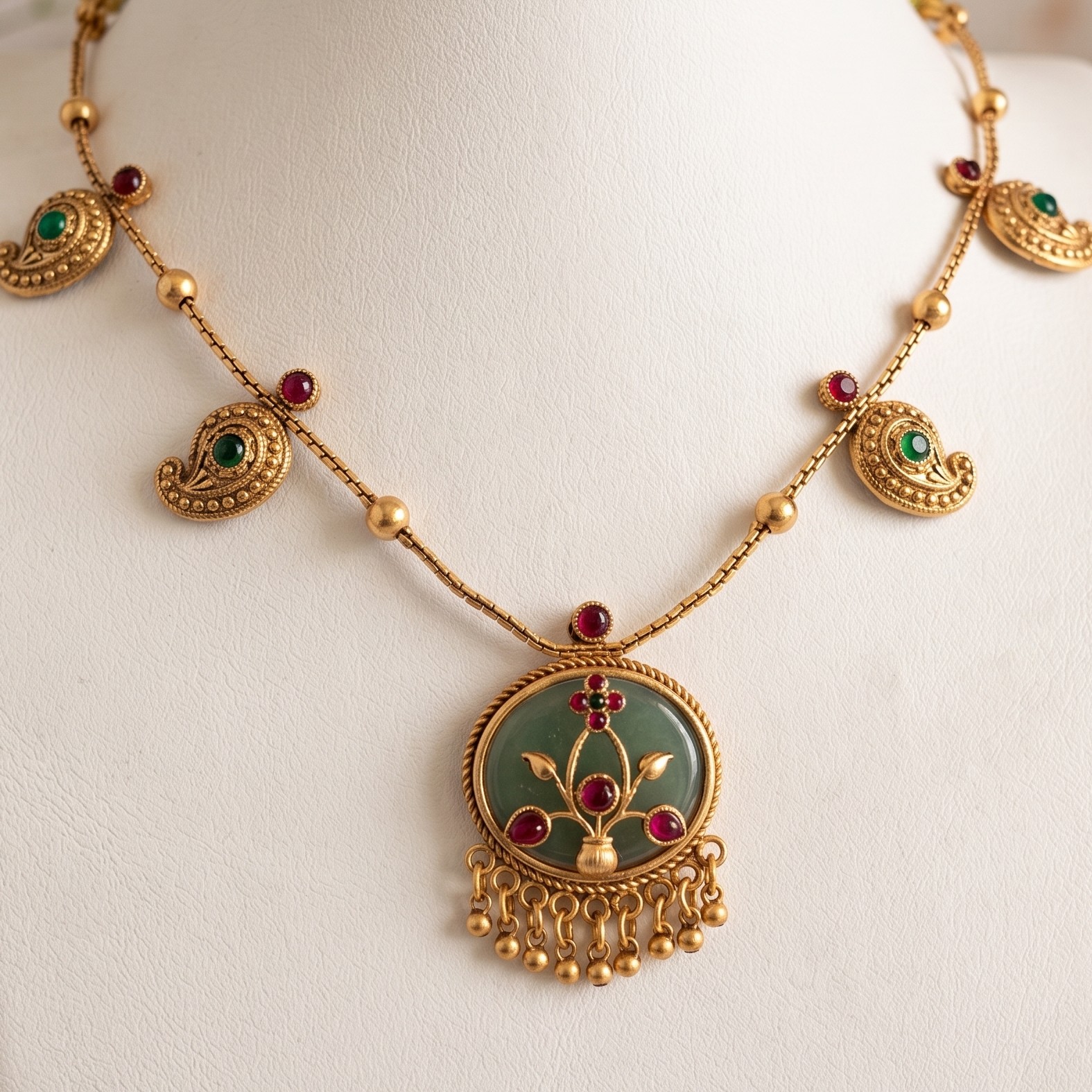 Mango Drop Antique Gold Green Stone Chain Necklace Set