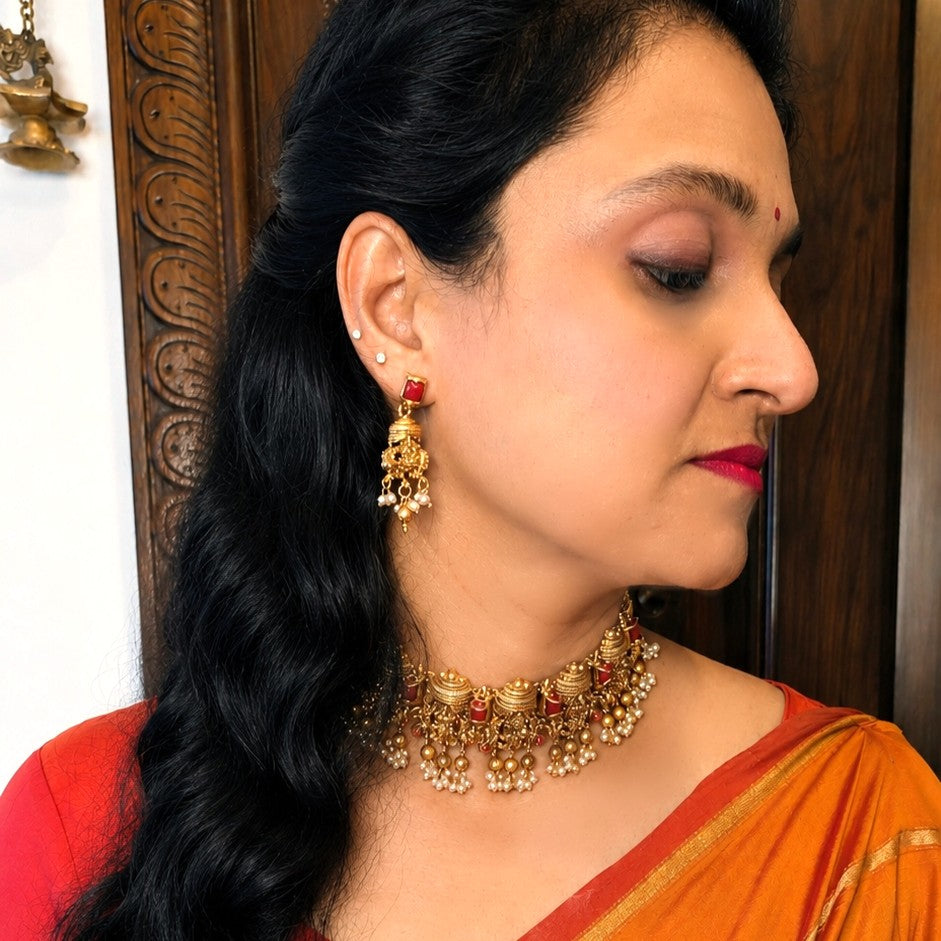 Gold necklace with orange Coral Pearl beads o Temple design Choker necklace Set Bridal