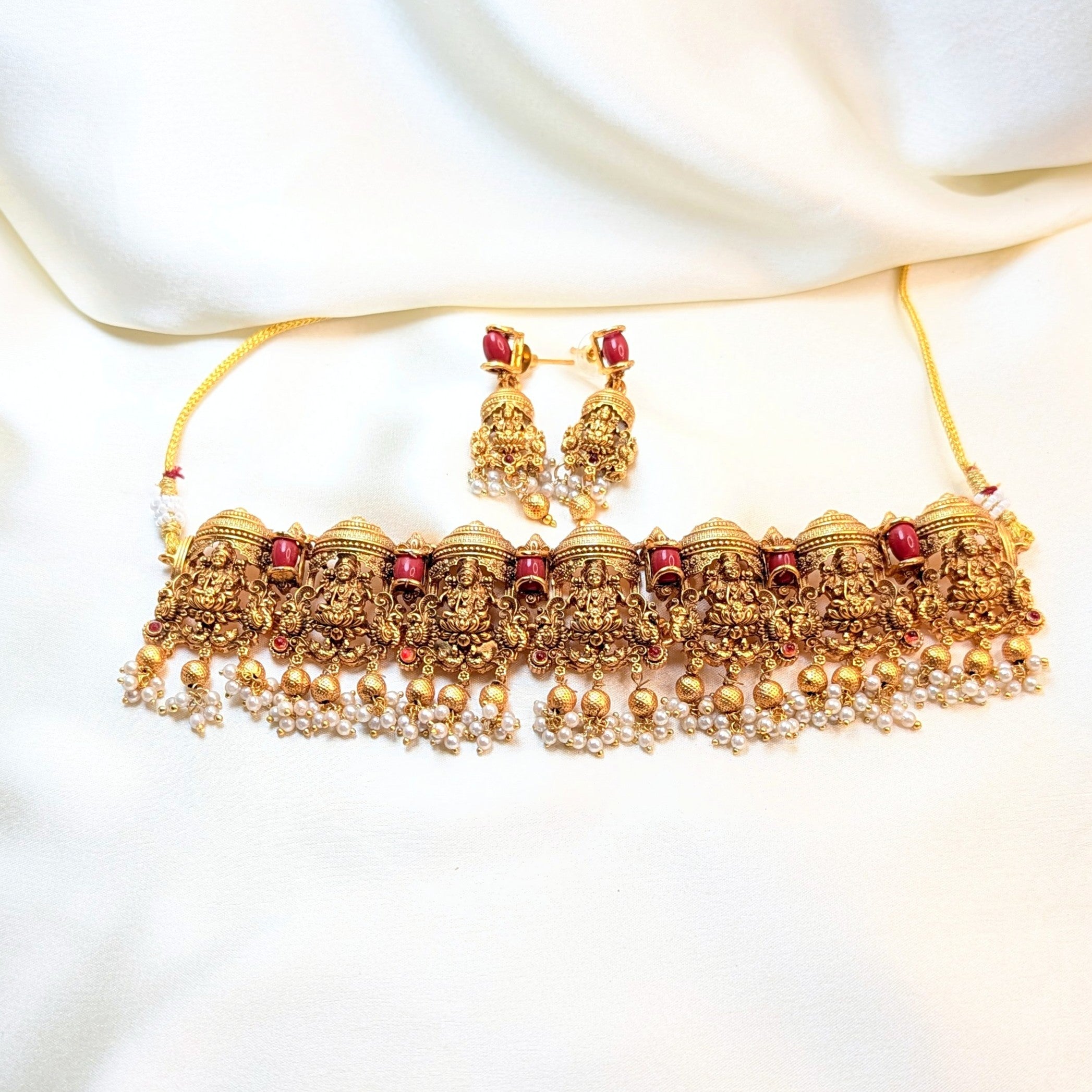 Gold necklace with orange Coral Pearl beads o Temple design Choker necklace Set Bridal