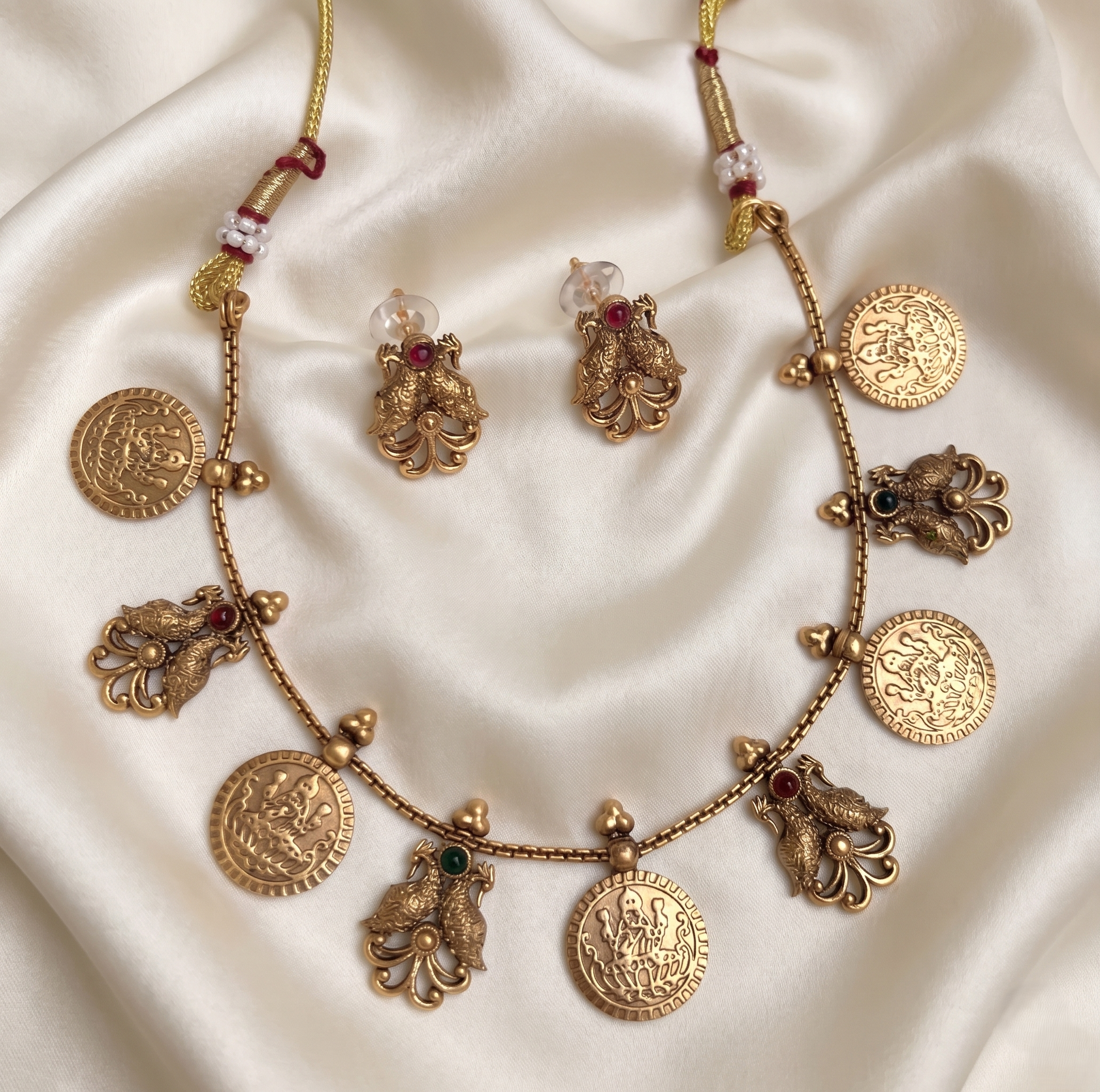 peacock lakshmi coin  antique gold short chain necklace set