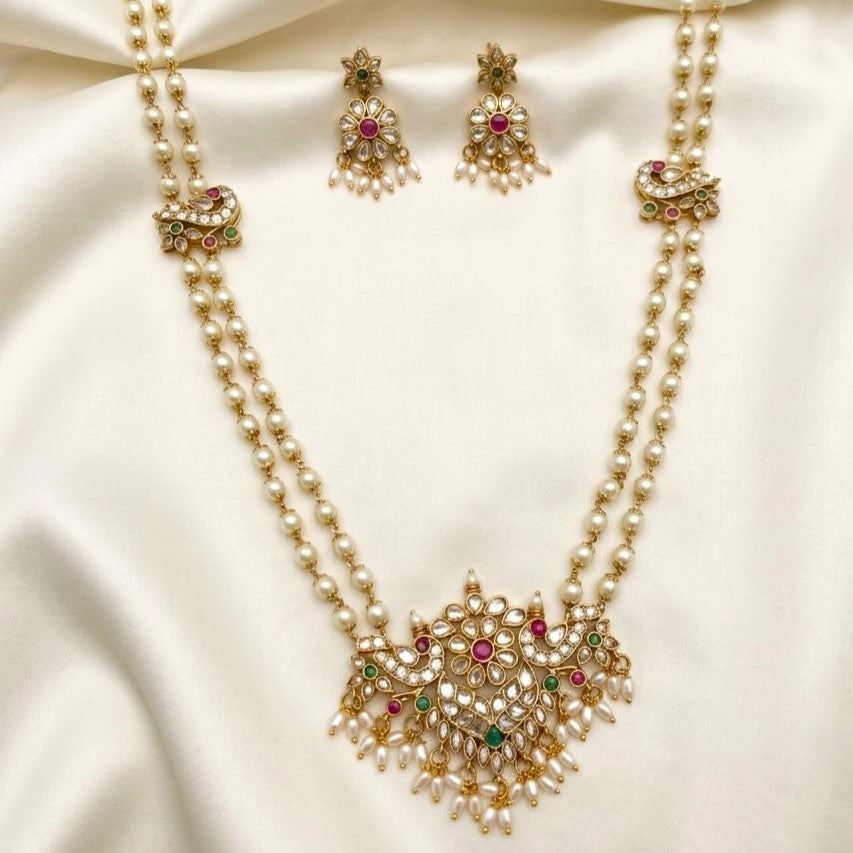 Traditional AD Pendant Pearl Long Necklace Set