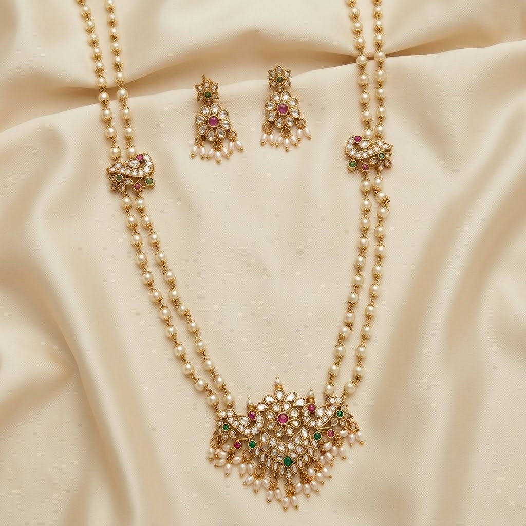 Traditional AD Pendant Pearl Long Necklace Set