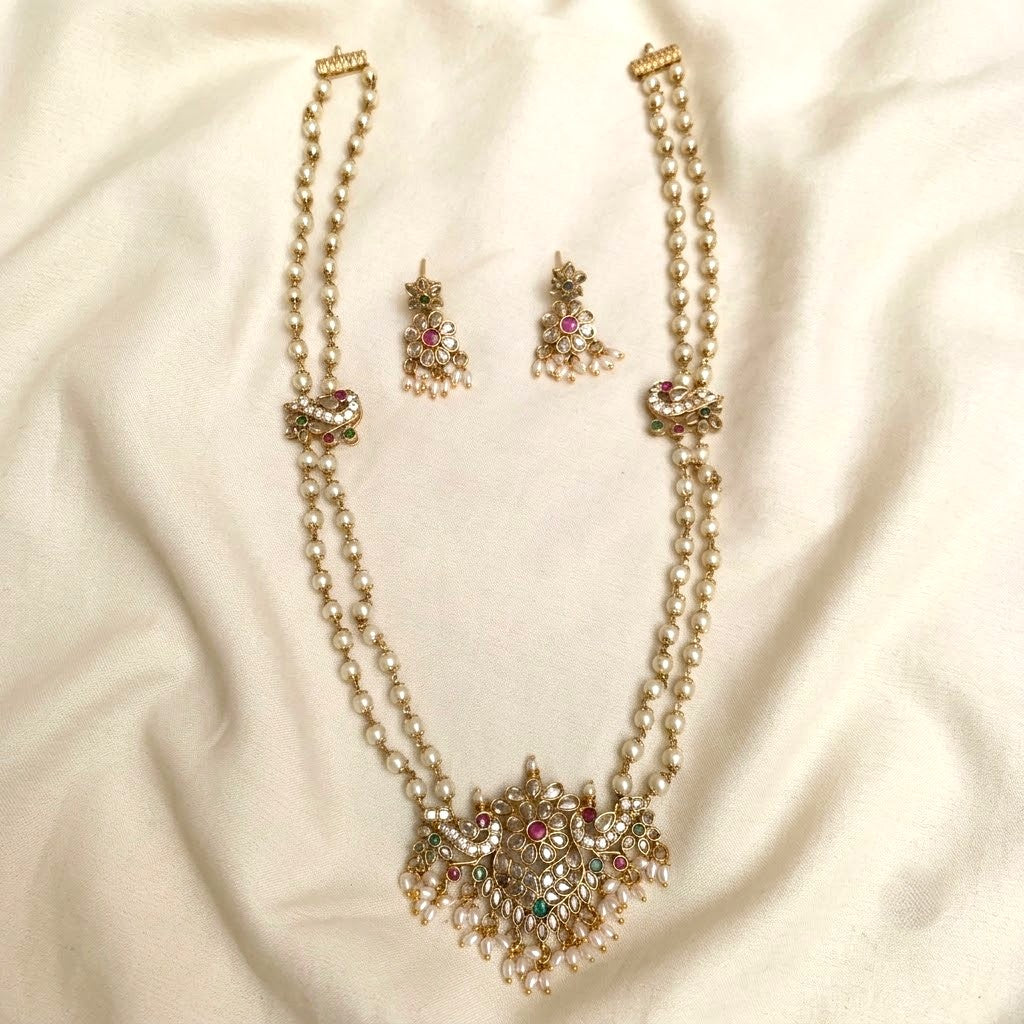 Traditional AD Pendant Pearl Long Necklace Set