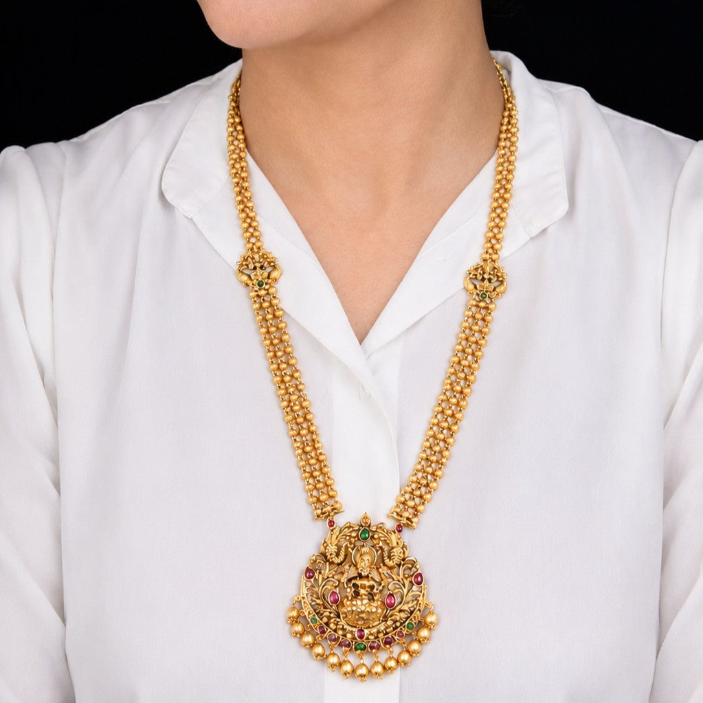 Premium Temple Design Pendant Long Haram Set.