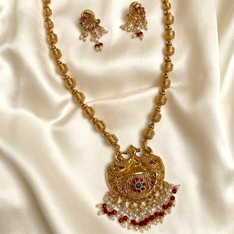 South Indian Traditional Kushals Gold Plated imitation Jewellery  Mid Long haram Necklace Set