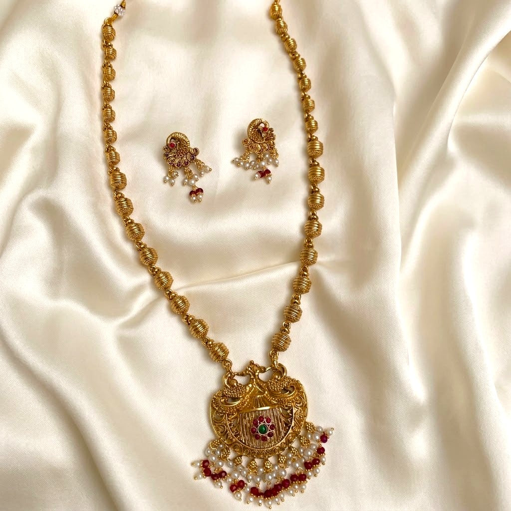 South Indian Traditional Kushals Gold Plated imitation Jewellery  Mid Long haram Necklace Set