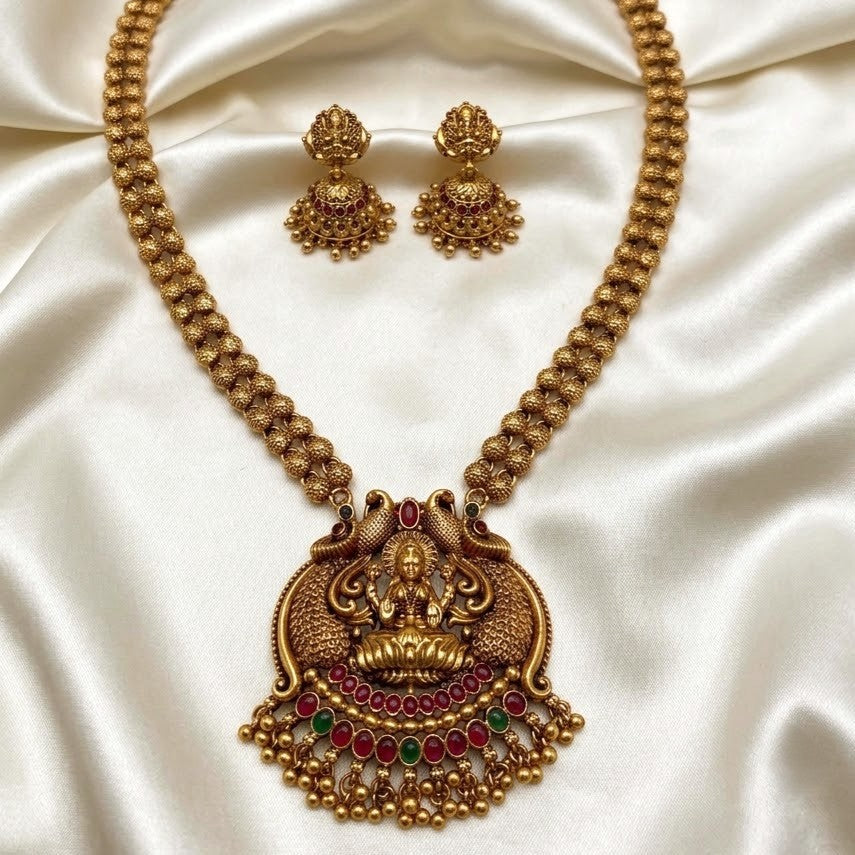 Temple design antique gold arhoha jewels long haram necklace set india