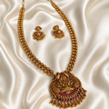 Temple design antique gold arhoha jewels long haram necklace set india