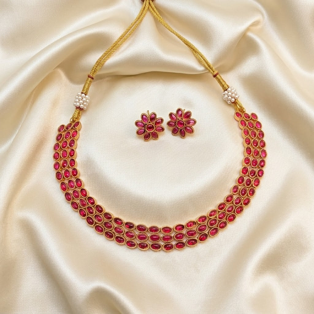 Kemp 3 linw emerald traditional necklace set arhoha jewels