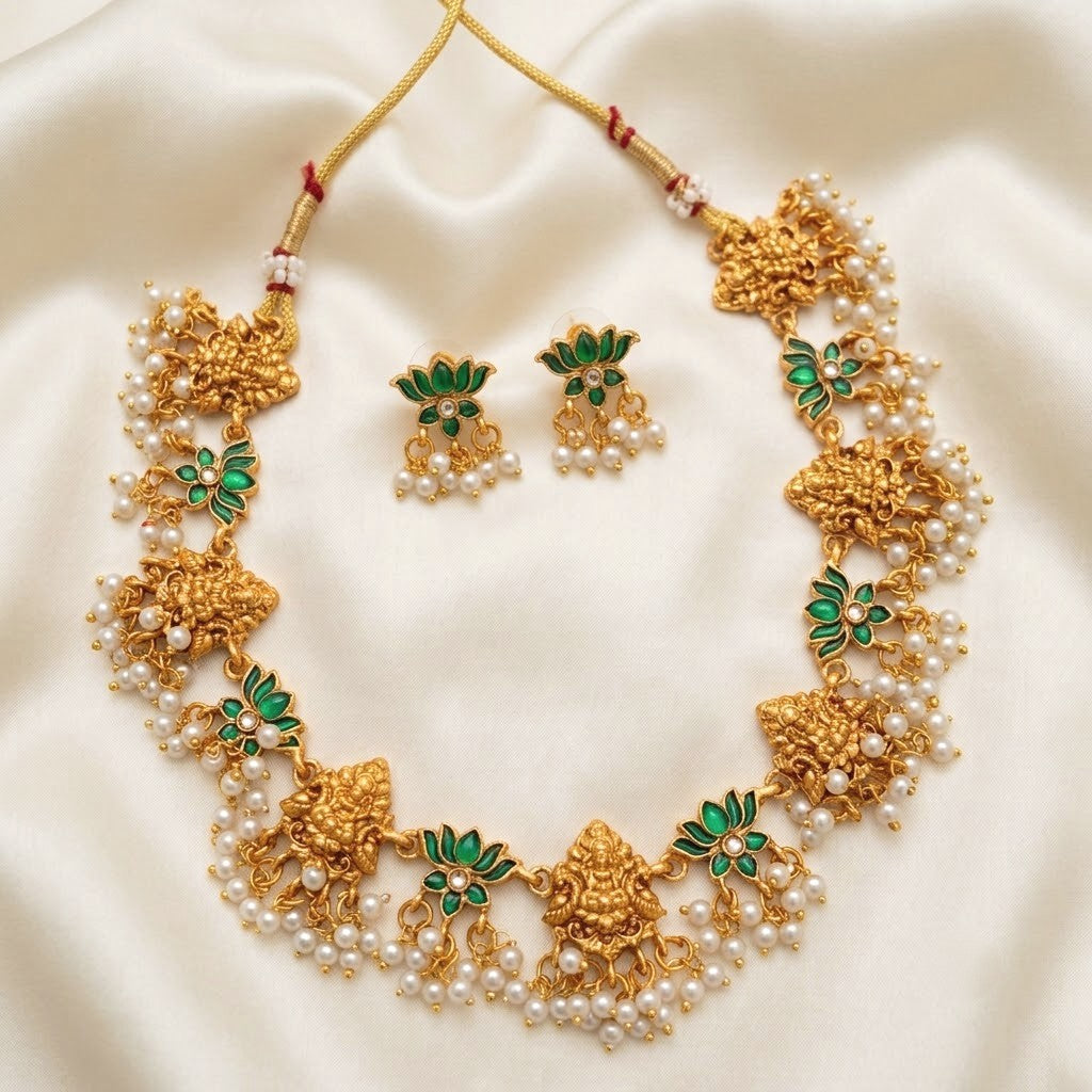 Enamel Lotus Lakshmi Pearl Necklace Set