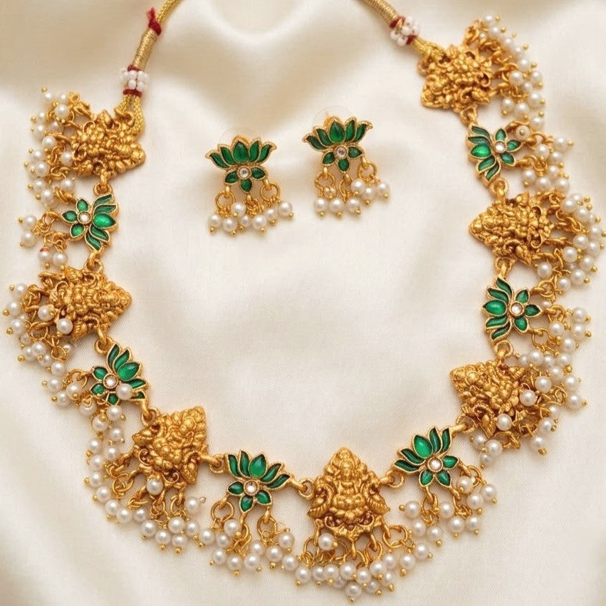 Enamel Lotus Lakshmi Pearl Necklace Set