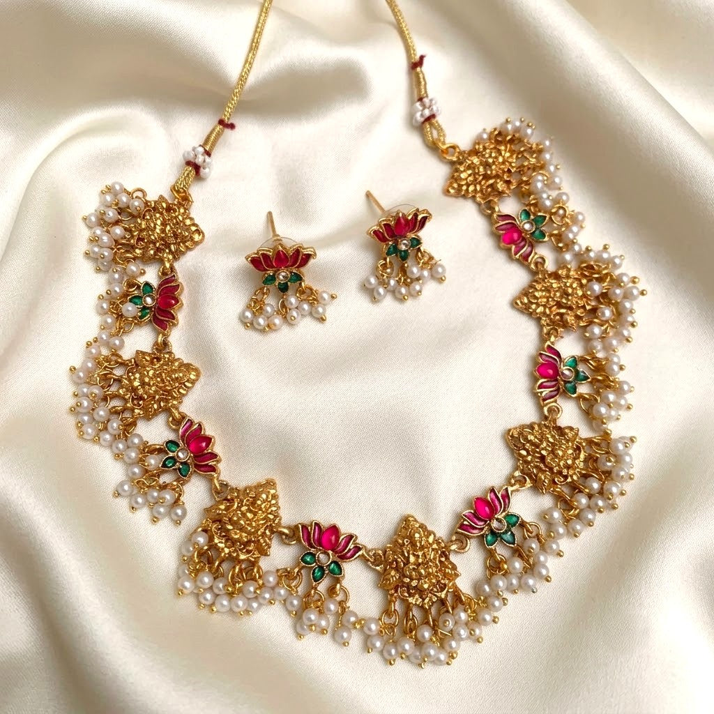 Enamel Lotus Lakshmi Pearl Necklace Set
