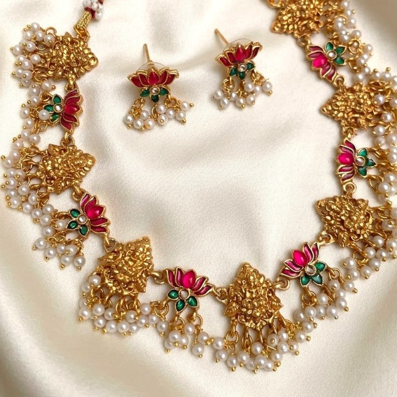 Enamel Lotus Lakshmi Pearl Necklace Set