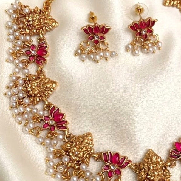 Enamel Lotus Lakshmi Pearl Necklace Set