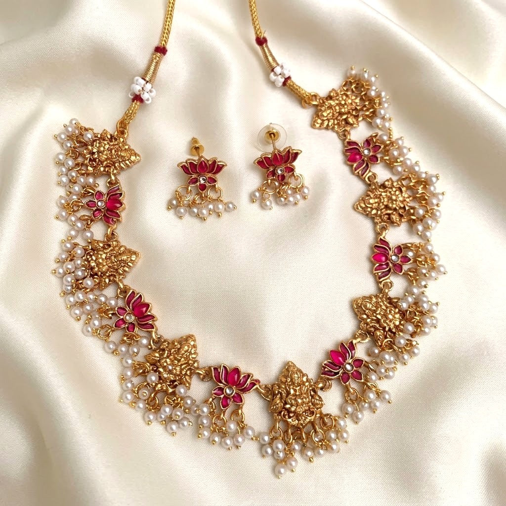 Enamel Lotus Lakshmi Pearl Necklace Set