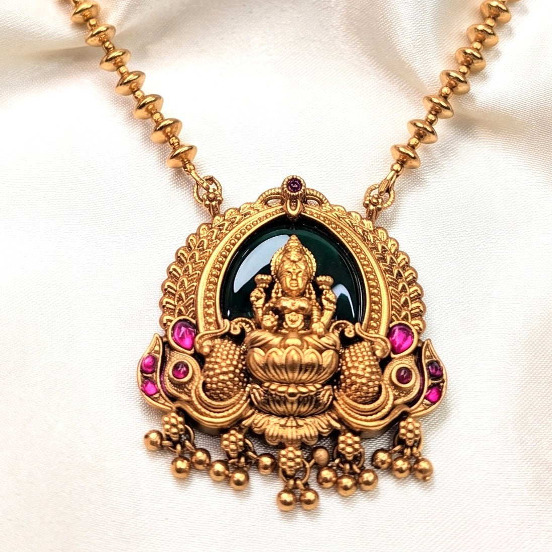 Emerald Stone Lakshmi Pendant Mid Haram Necklace Set
