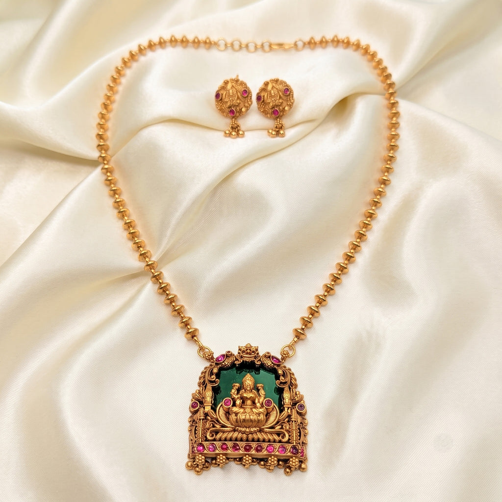 Emerald Glass Stone Lakshmi Pendant Necklace Set