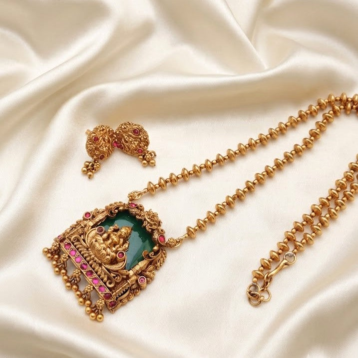 Emerald Glass Stone Lakshmi Pendant Necklace Set
