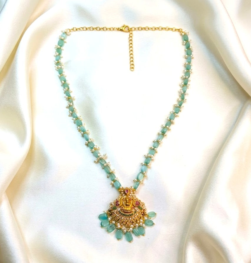 Mint Green Bead Lakshmi Pendant Necklace Set