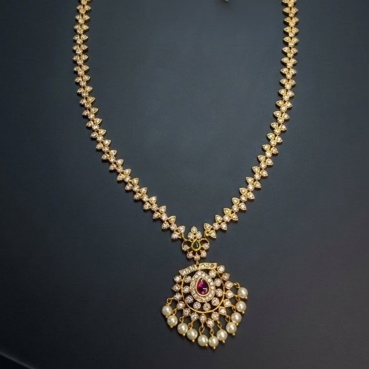 Traditional AD Pearl Long Haram Necklace Set