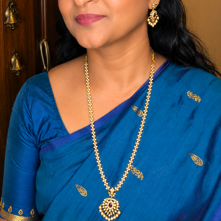 Traditional AD Pearl Long Haram Necklace Set