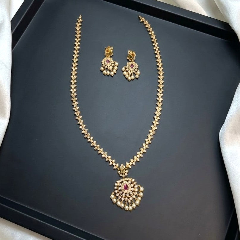 Traditional AD Pearl Long Haram Necklace Set
