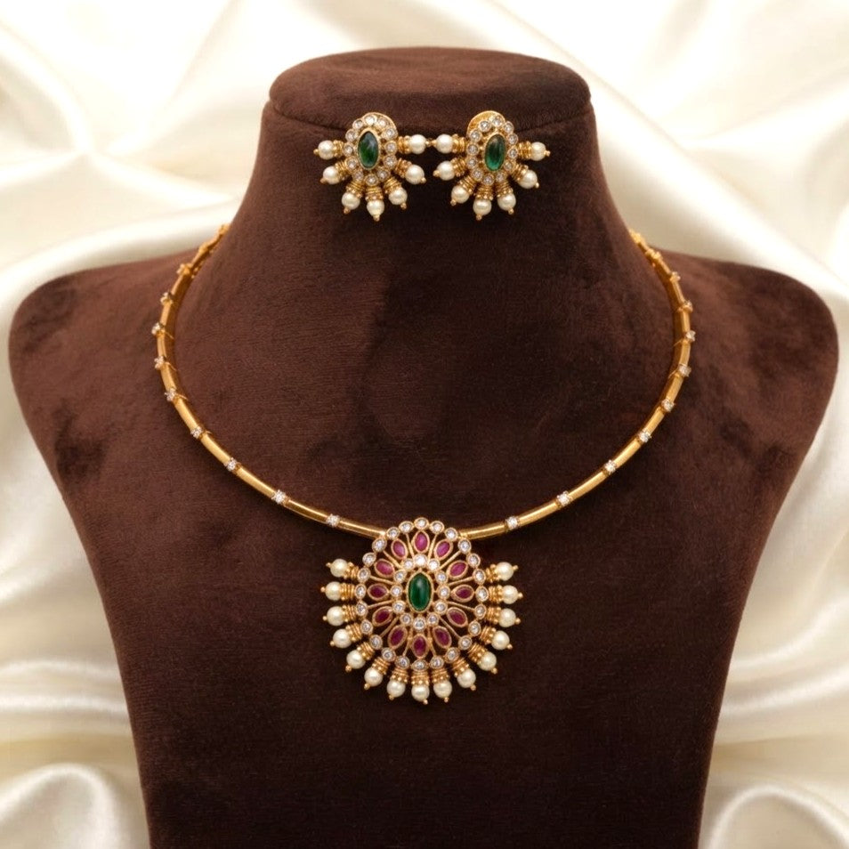 Stone Studded Pearl Hasli Necklace Set
