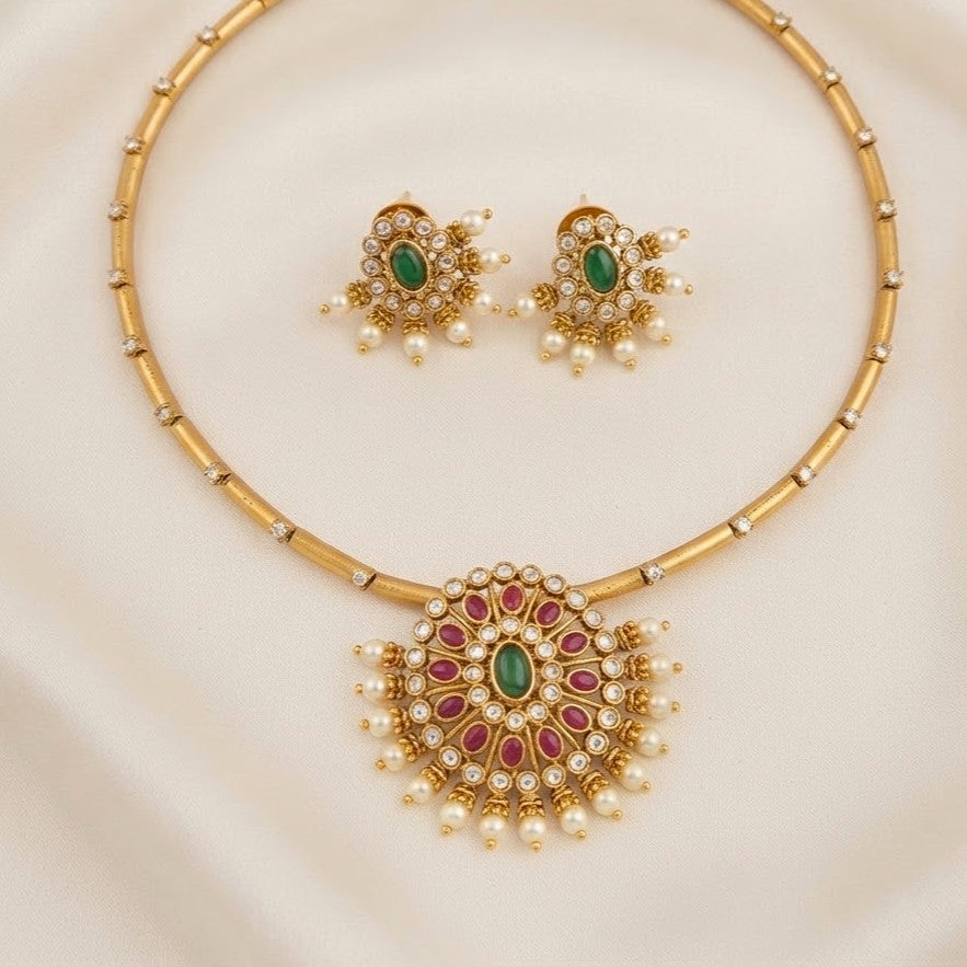 Stone Studded Pearl Hasli Necklace Set