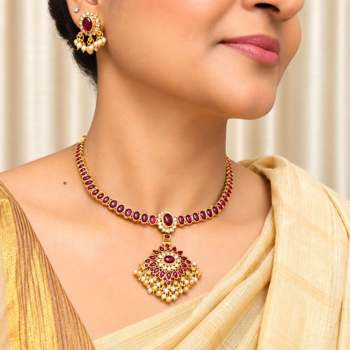 Traditional Kemp Attigai Necklace Set