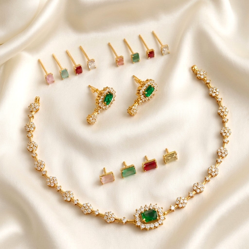 Gemstone Changeable AD Necklace Set