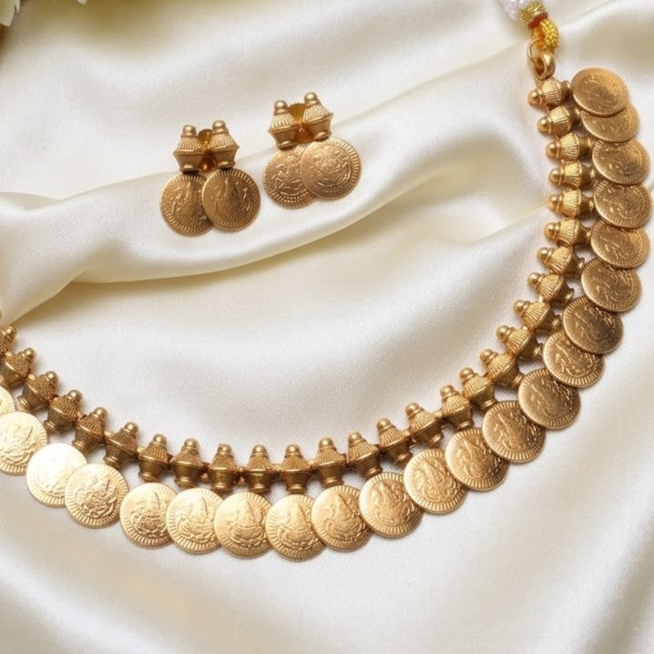 Gold coin necklace and matching stud earrings Kassumala Kerala 