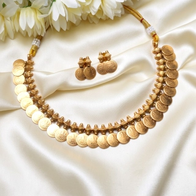 Gold coin necklace and matching stud earrings Kassumala Kerala 